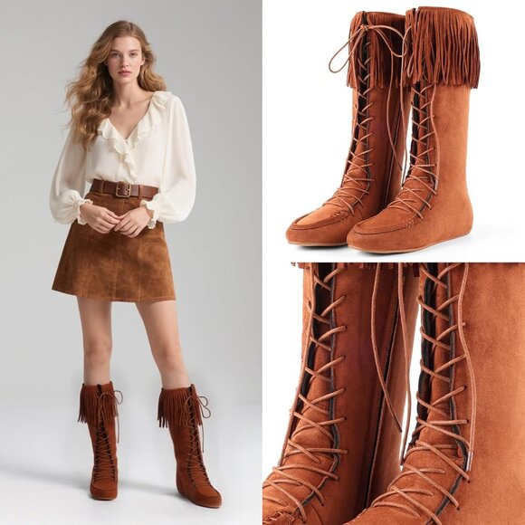 ⚡Women's Brown Lace Up Suede Knee High Flat Boots with Zipper Mid Calf - Picture 2 of 6